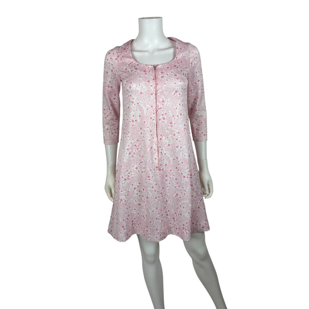 Vintage 60s Dotted Dress Womens Extra Small Pink Zip Up Babydoll Mini